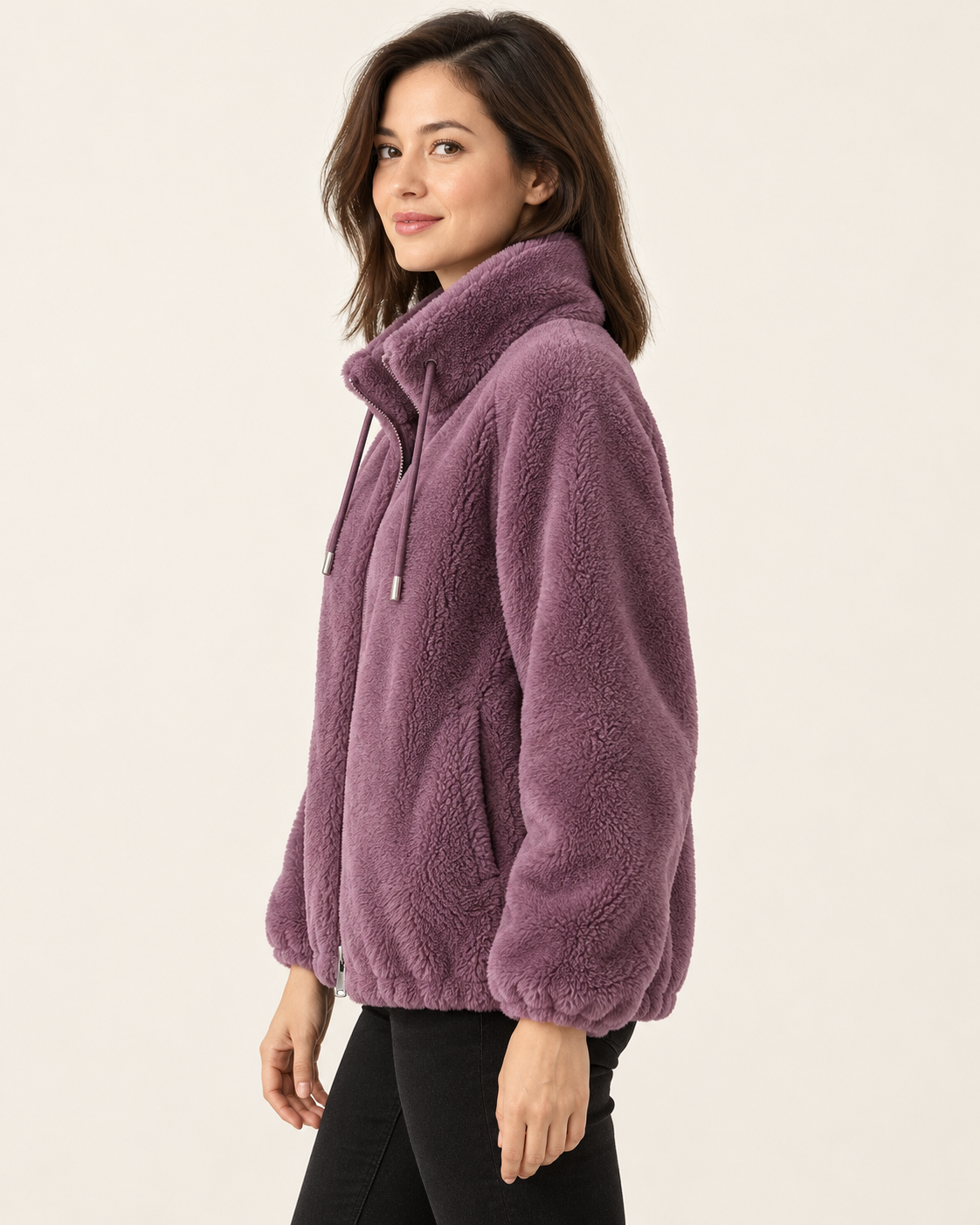 Women's Fluffy Fleece Zip Up Jacket in Purple, view 3