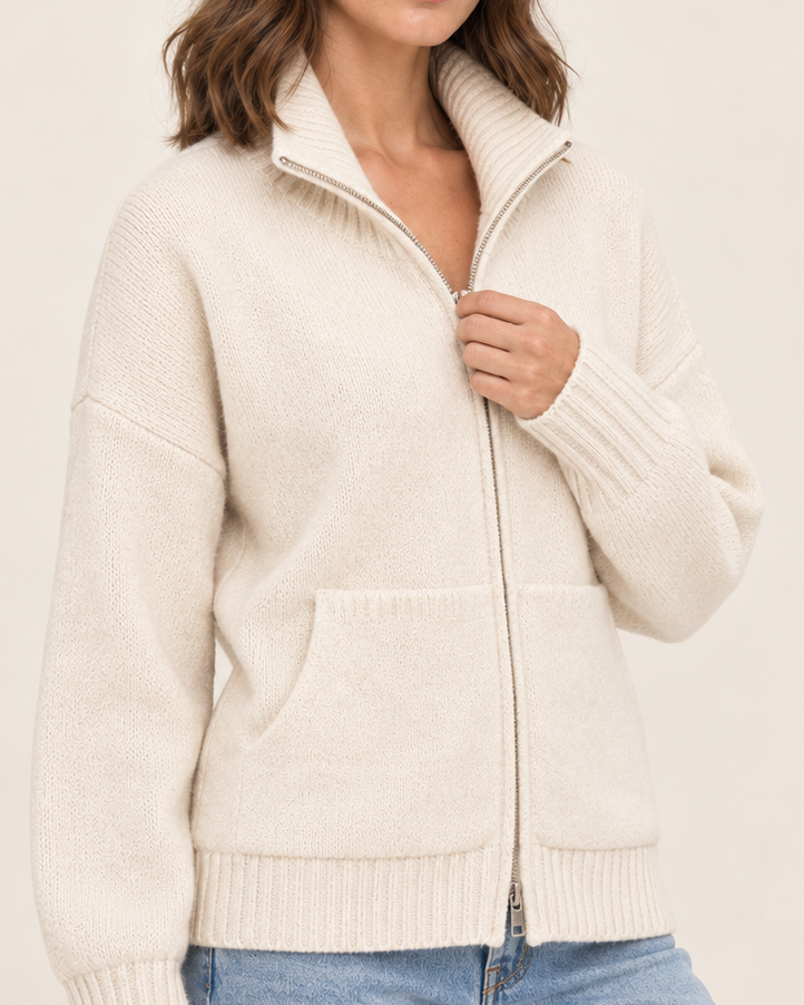Women's Funnel Neck Zip Up Knit Cardigan with Pockets in Cream, close up