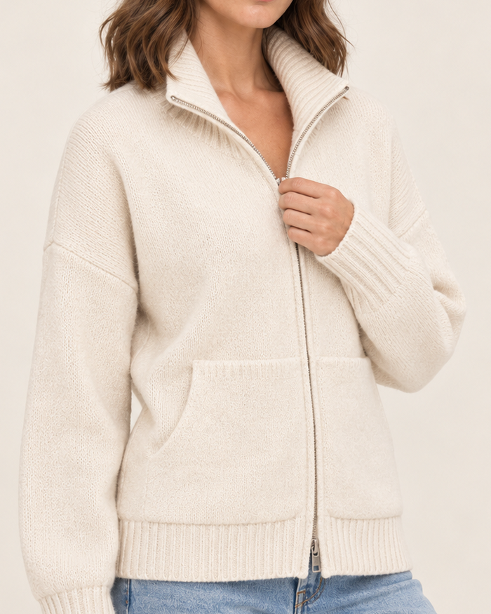 Women's Funnel Neck Zip Up Knit Cardigan with Pockets in Cream, close up