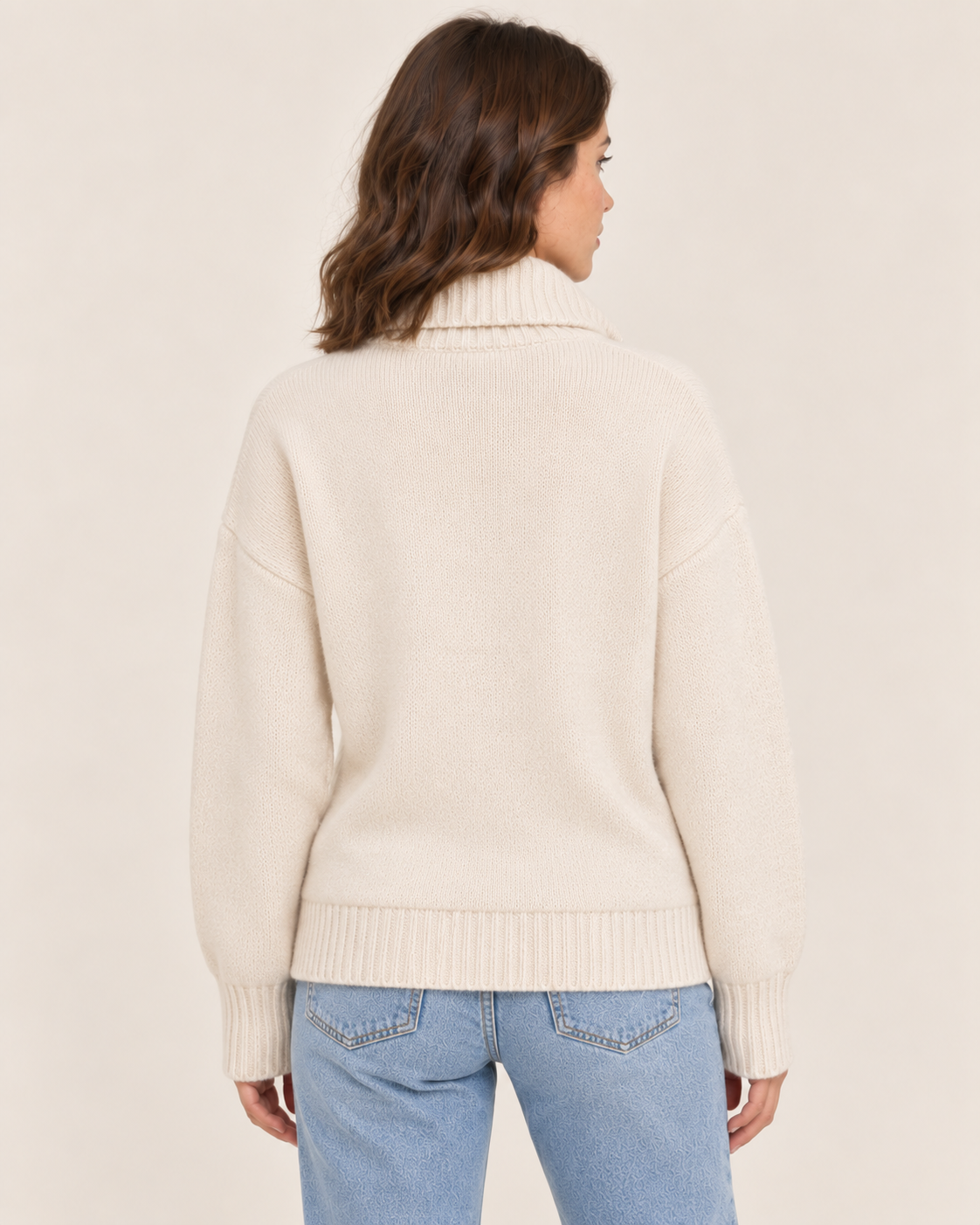 Women's Funnel Neck Zip Up Knit Cardigan with Pockets in Cream, back view