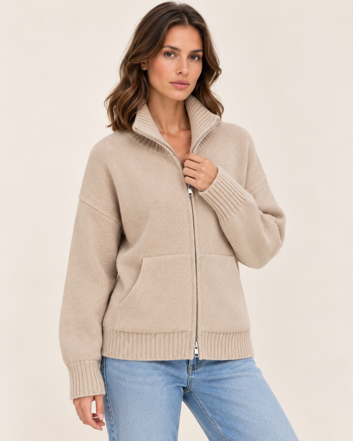 Women's Funnel Neck Zip Up Knit Cardigan with Pockets in Beige