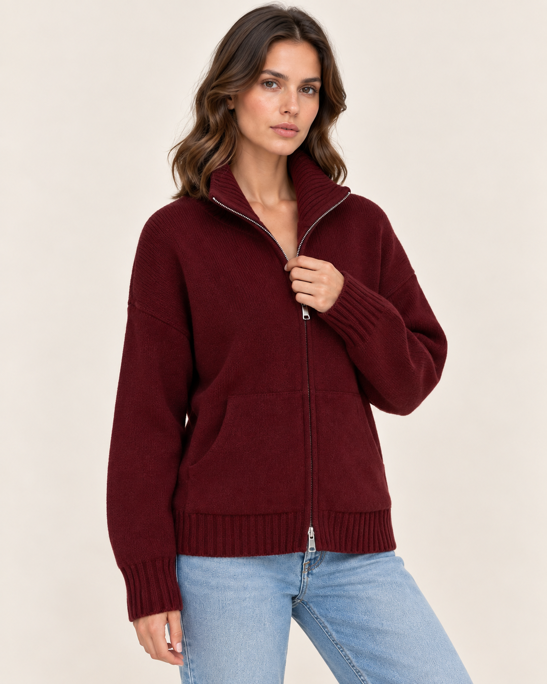 Women's Funnel Neck Zip Up Knit Cardigan with Pockets in Wine Red