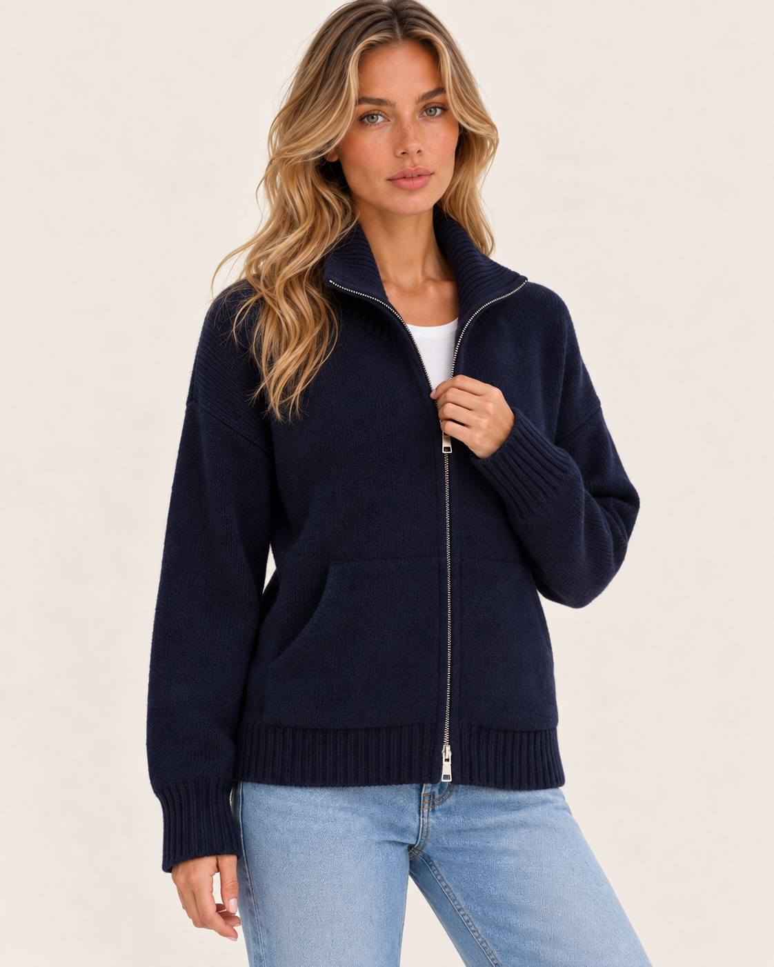 Women's Funnel Neck Zip Up Knit Cardigan with Pockets in Navy