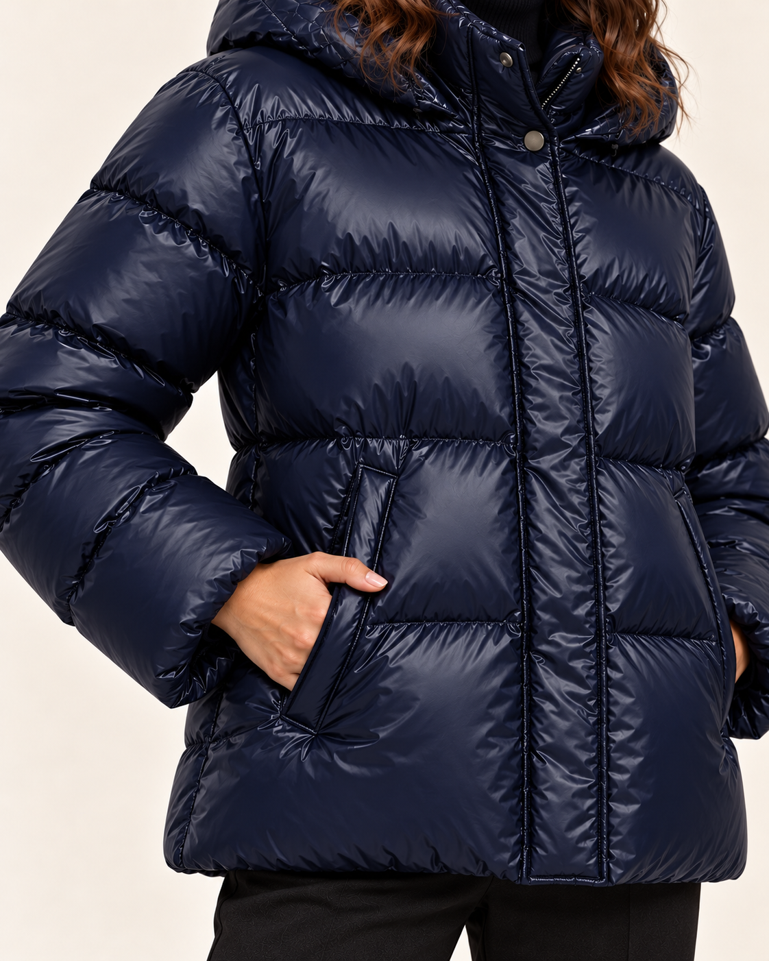 Women's Glossy Hooded Puffer Jacket in Navy, close up
