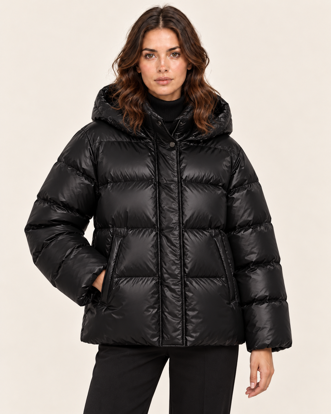 Women's Glossy Hooded Puffer Jacket in Black