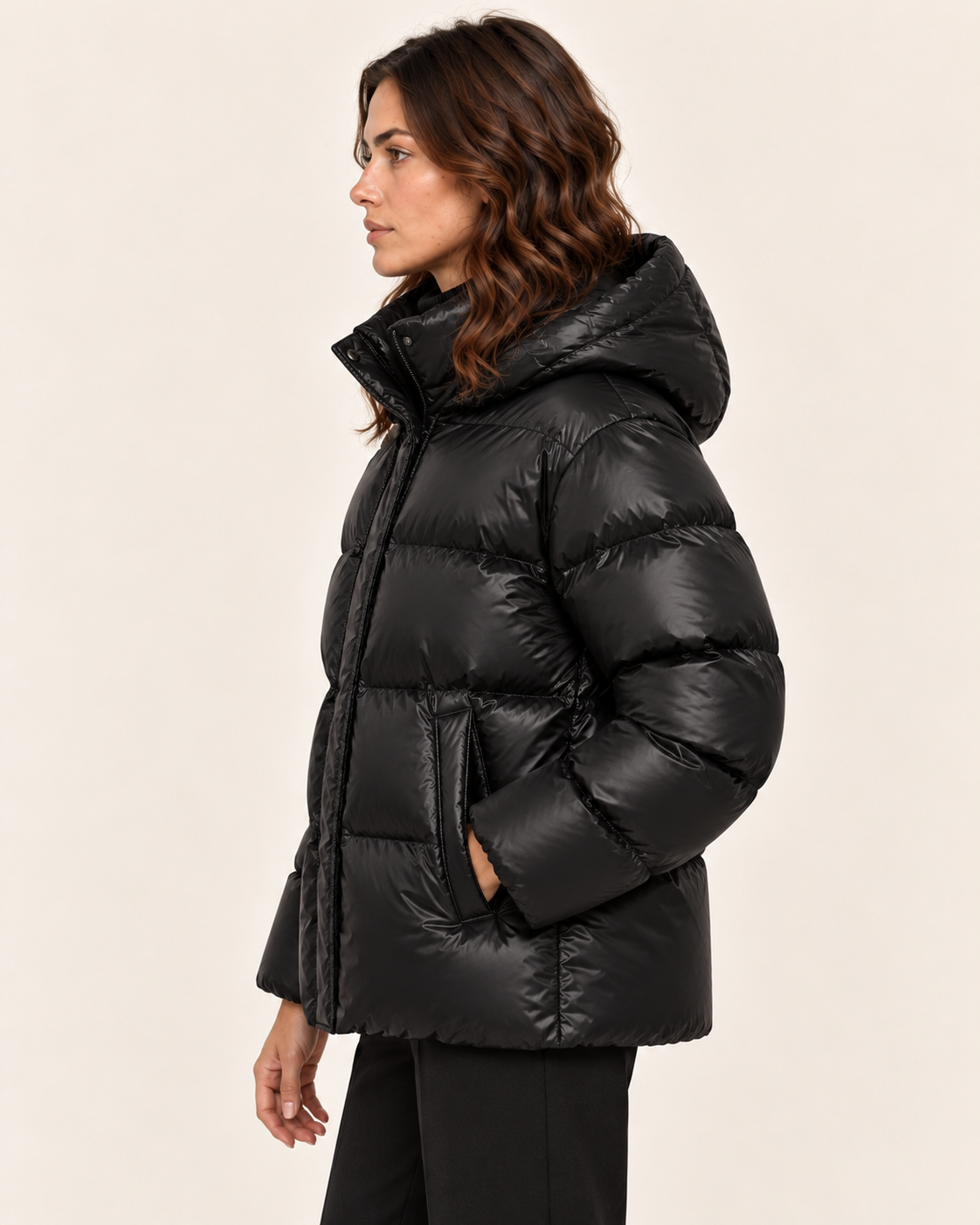 Women's Glossy Hooded Puffer Jacket in Black, side view