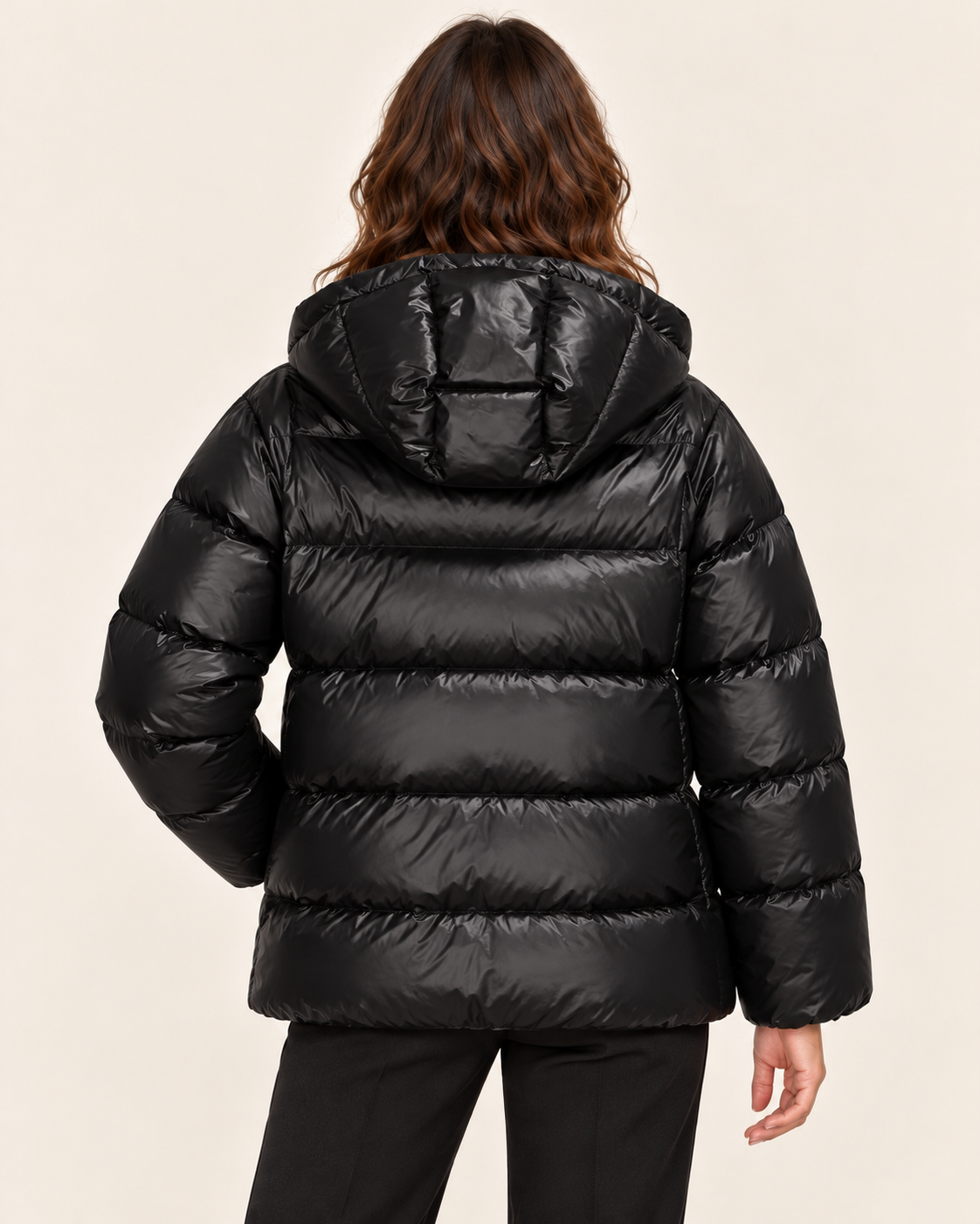 Women's Glossy Hooded Puffer Jacket in Black, back view