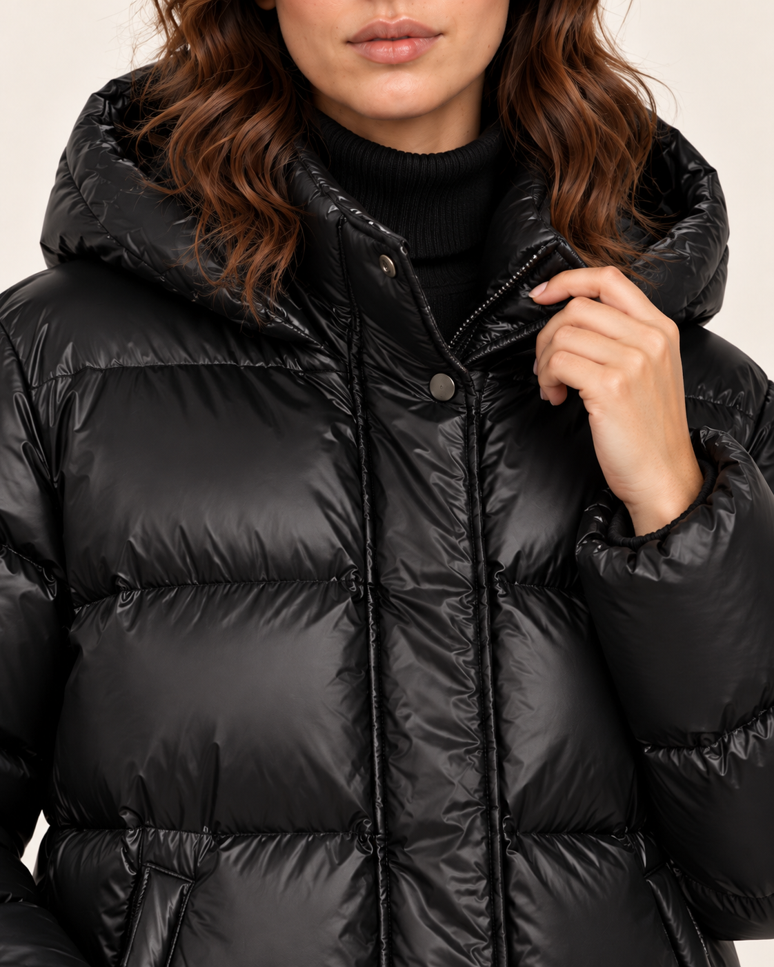 Women's Glossy Hooded Puffer Jacket in Black, collar detail