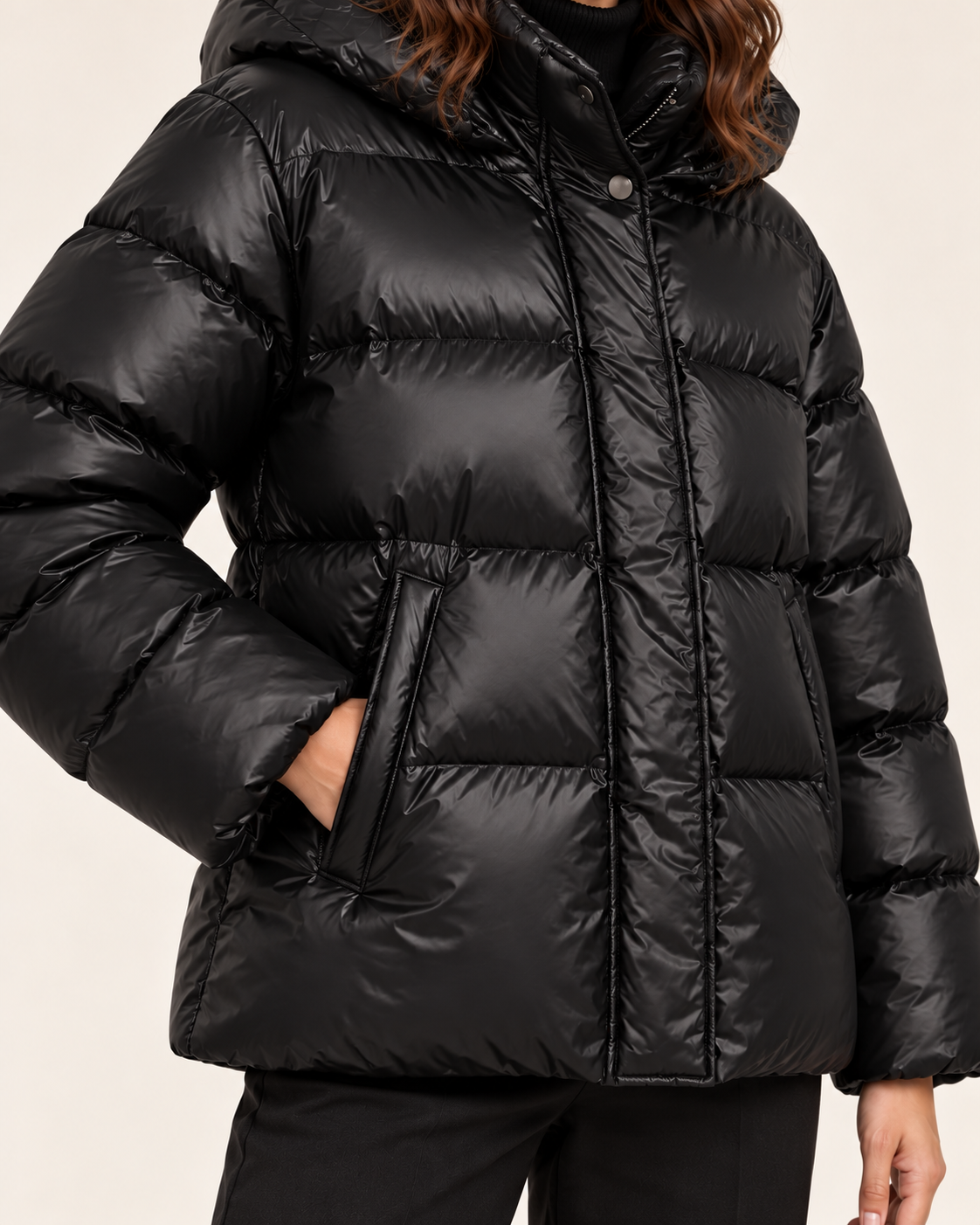 Women's Glossy Hooded Puffer Jacket in Black, close up