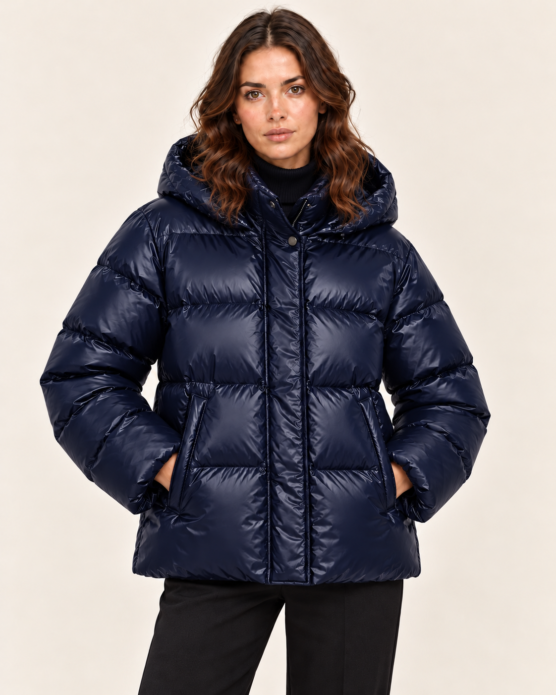 Women's Glossy Hooded Puffer Jacket in Navy