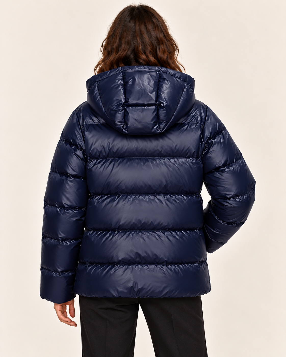 Women's Glossy Hooded Puffer Jacket in Navy, back view