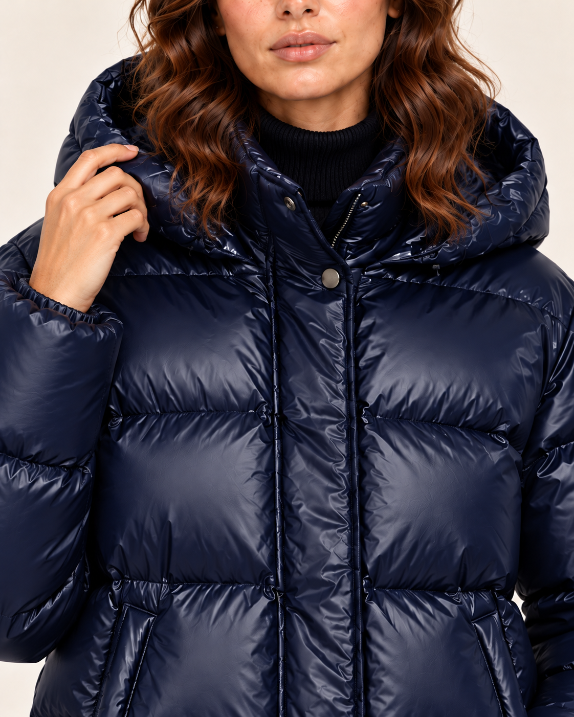 Women's Glossy Hooded Puffer Jacket in Navy, collar detail