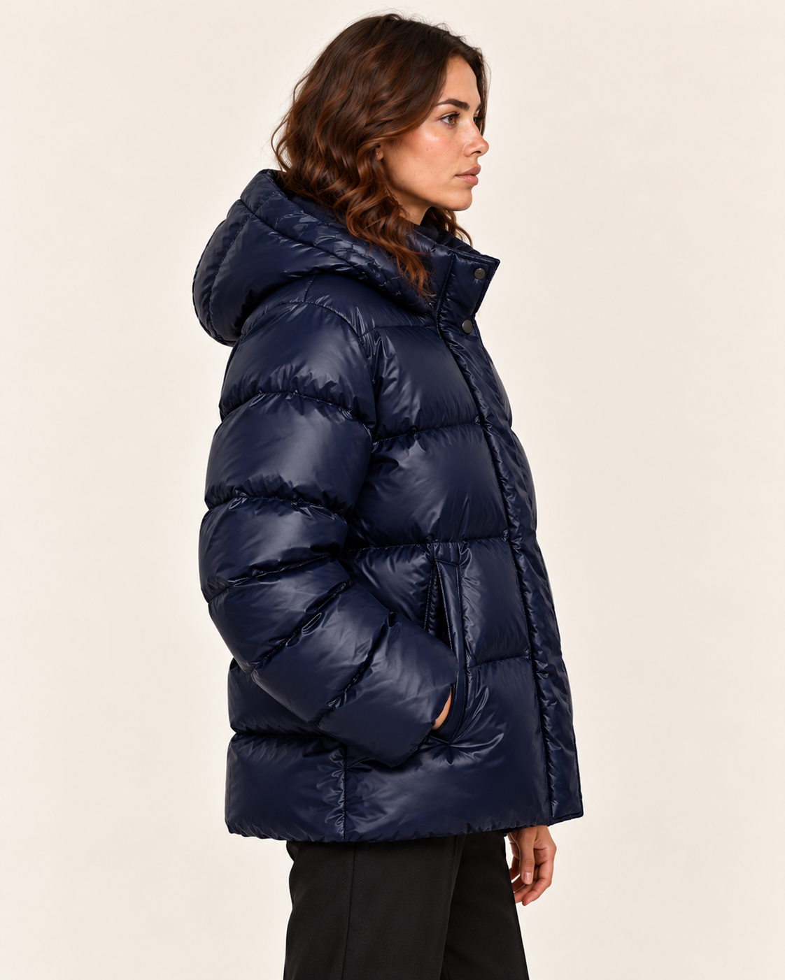 Women's Glossy Hooded Puffer Jacket in Navy, side view