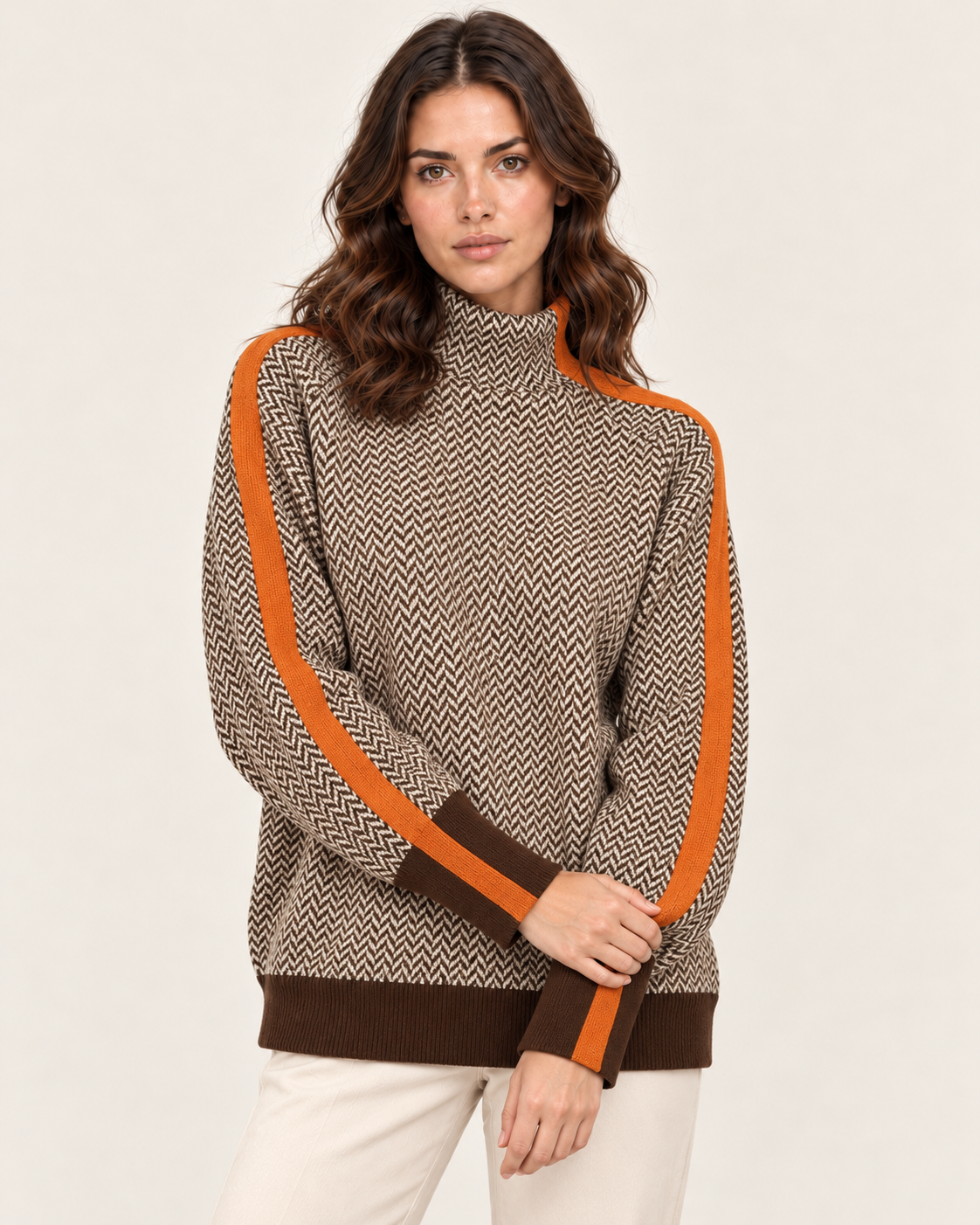 Women's Herringbone High Neck Striped Jumper in Orange