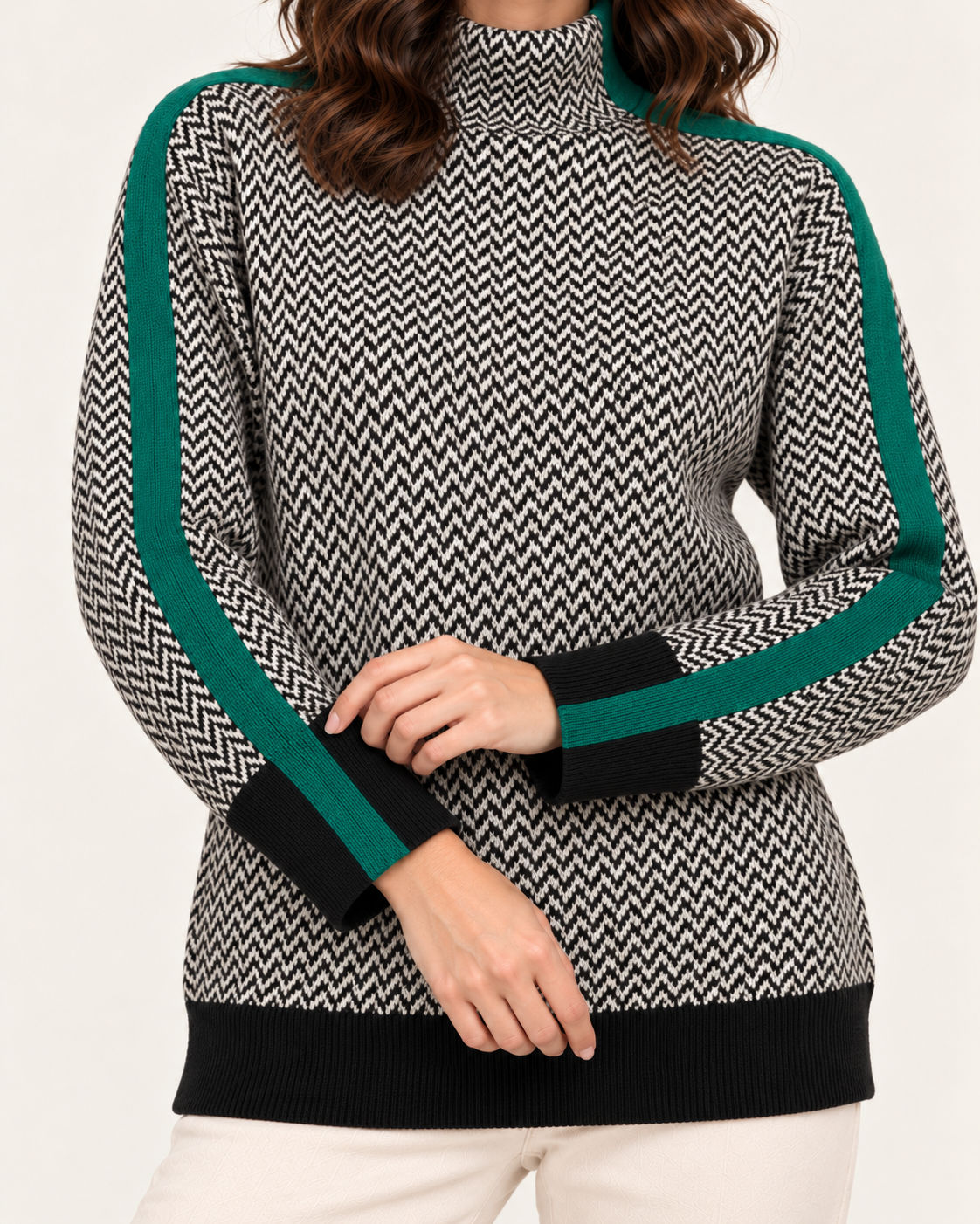 Women's Herringbone High Neck Striped Jumper in Green, close up