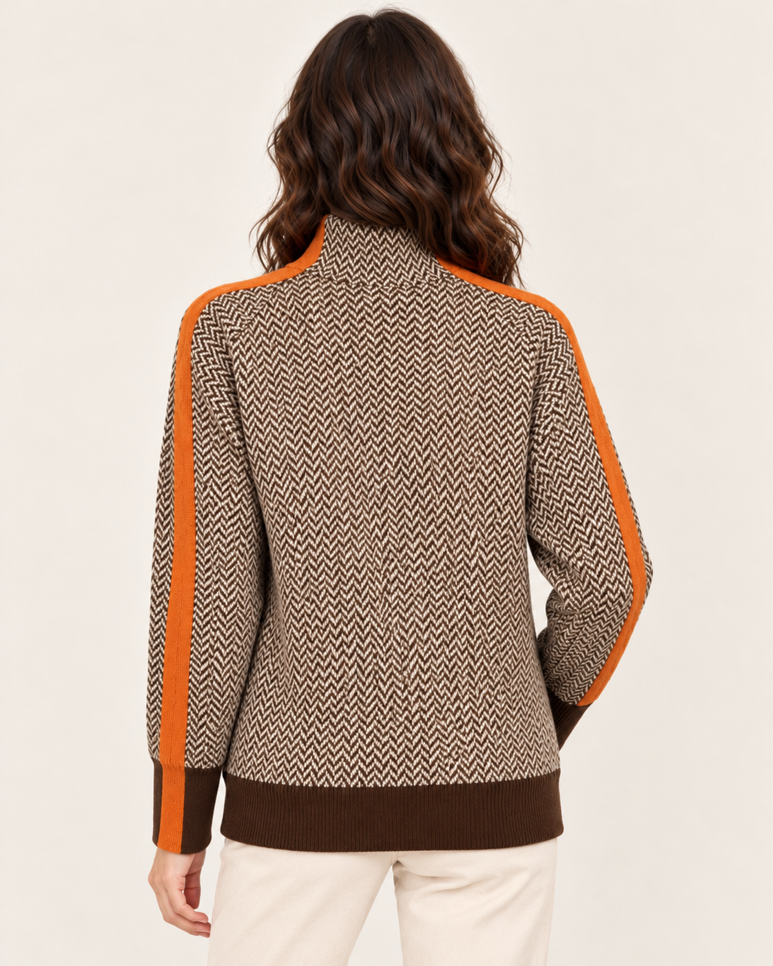 Women's Herringbone High Neck Striped Jumper in Orange, back view