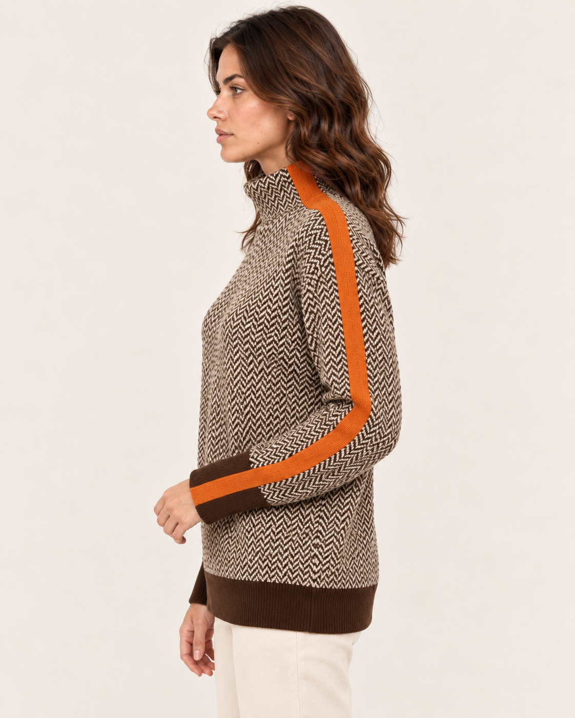 Women's Herringbone High Neck Striped Jumper in Orange, side view
