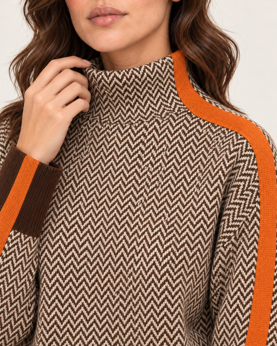Women's Herringbone High Neck Striped Jumper in Orange, collar detail
