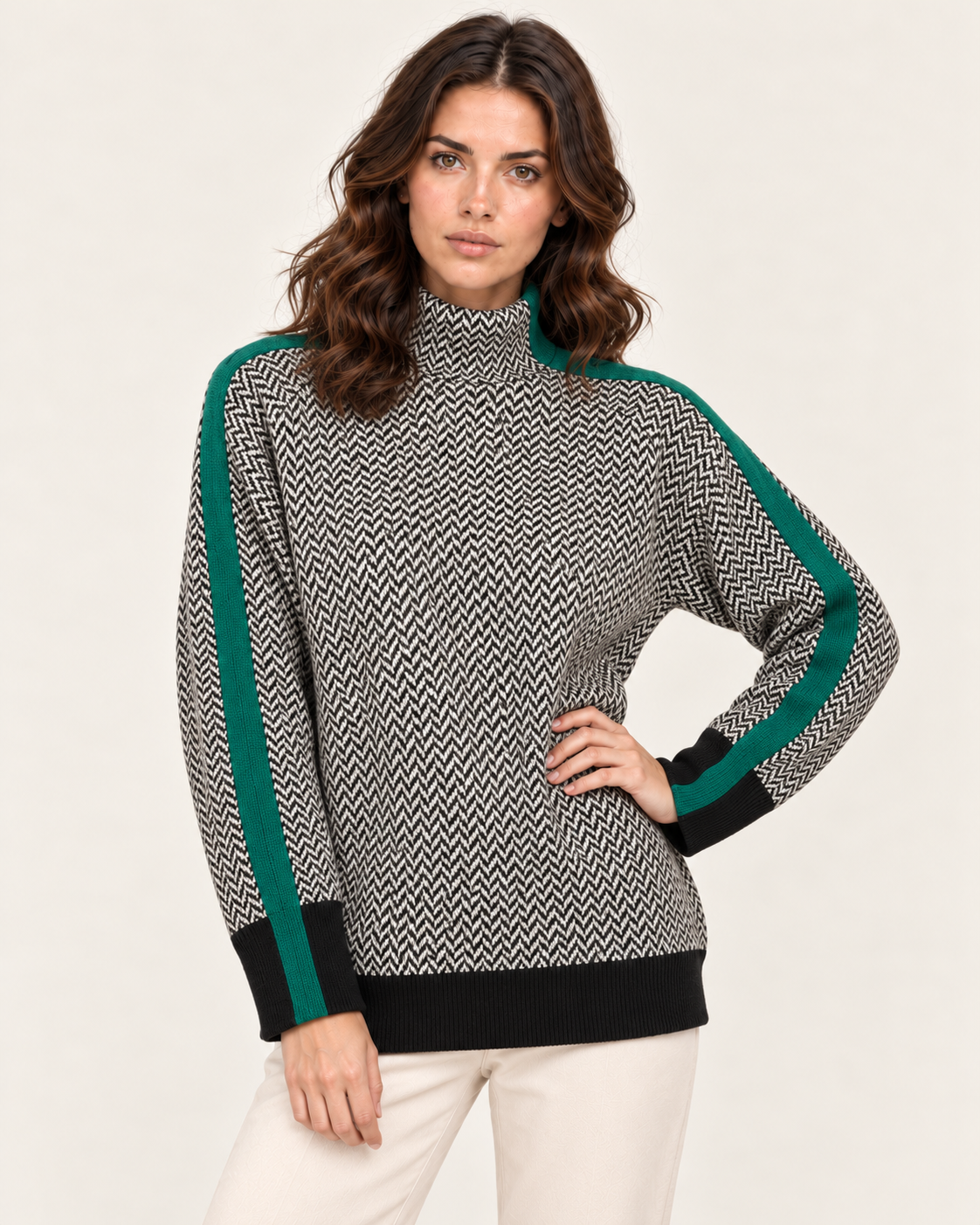 Women's Herringbone High Neck Striped Jumper in Green
