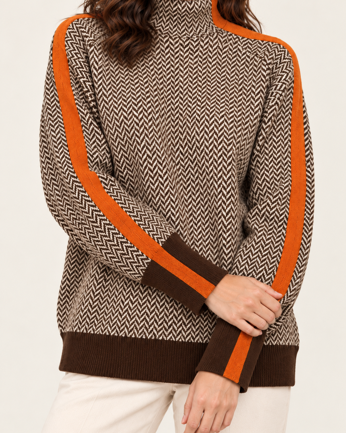 Women's Herringbone High Neck Striped Jumper in Orange, close up
