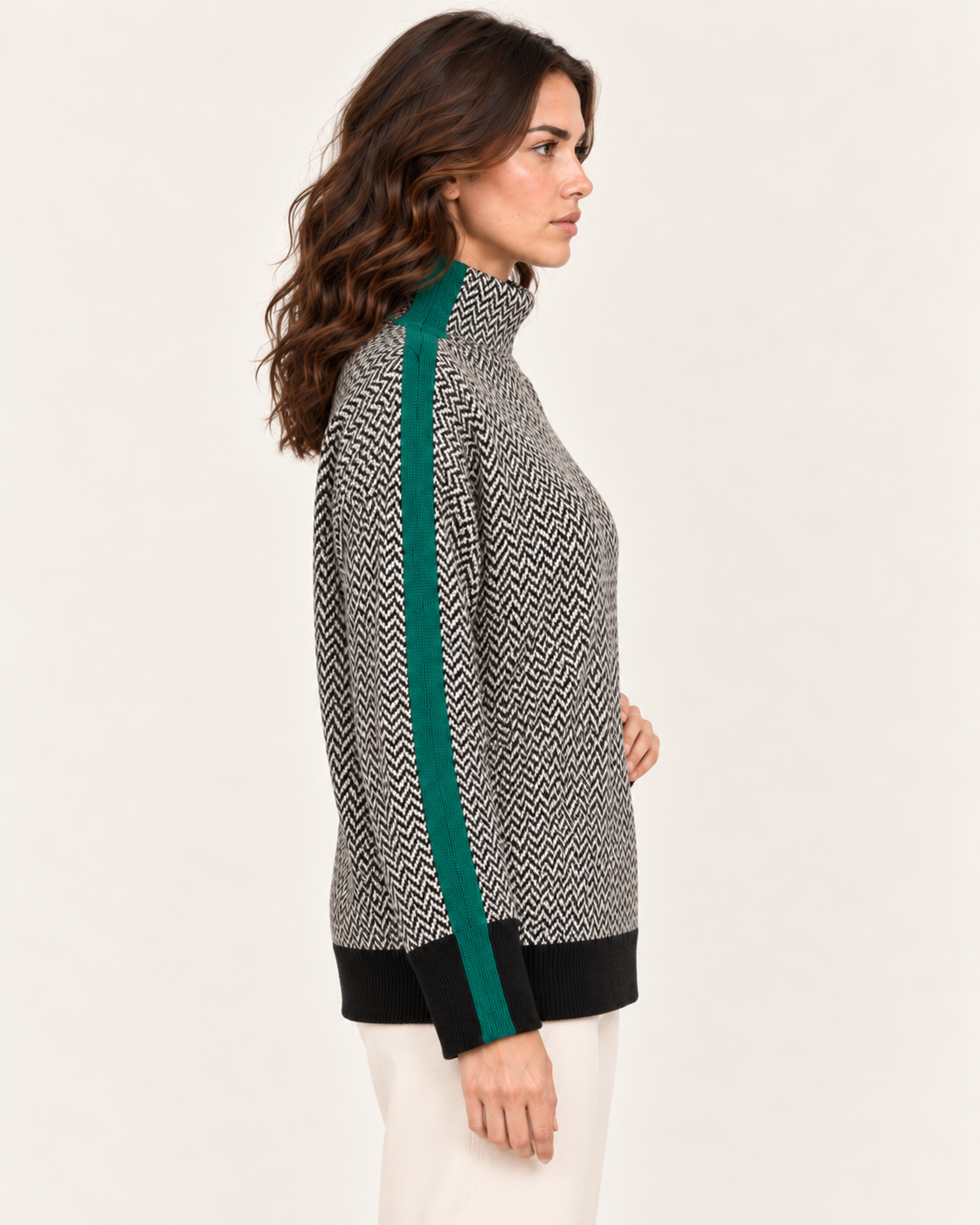 Women's Herringbone High Neck Striped Jumper in Green, side view