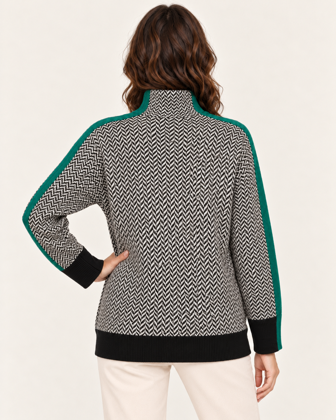Women's Herringbone High Neck Striped Jumper in Green, back view