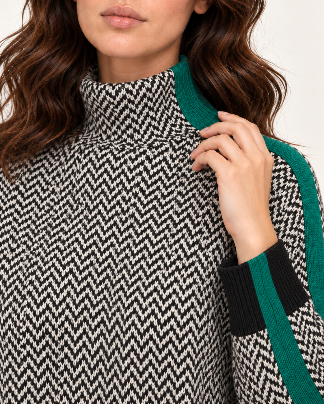 Women's Herringbone High Neck Striped Jumper in Green, collar detail