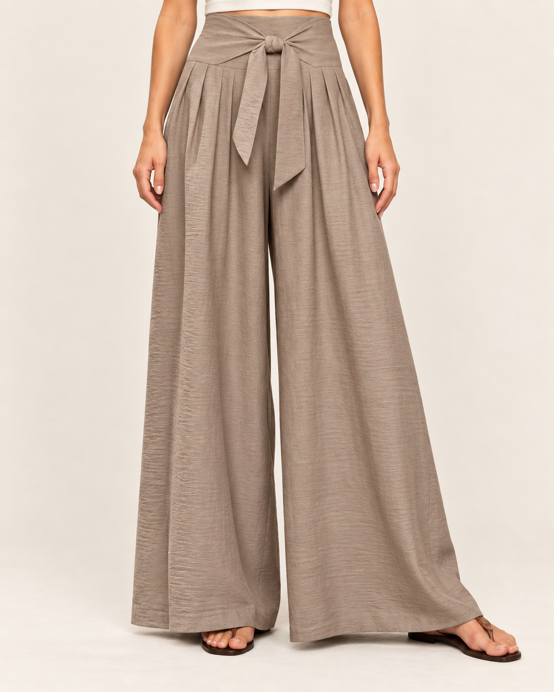 Women's High Waisted Wide Leg Trousers with Pleats and Tie Waist in Khaki