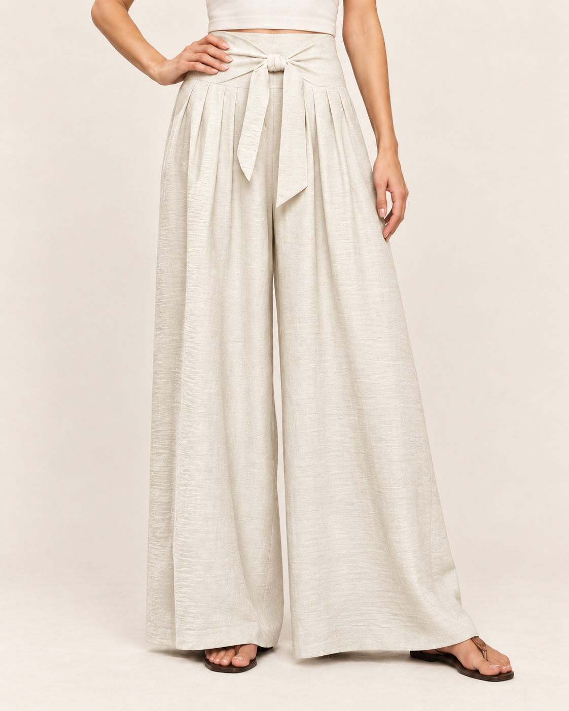 Women's High Waisted Wide Leg Trousers with Pleats and Tie Waist in White