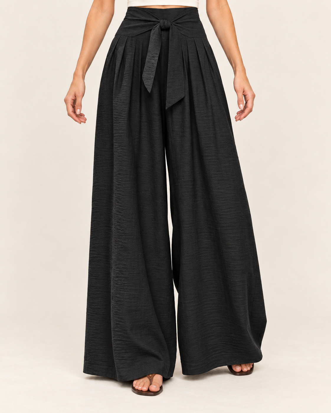 Women's High Waisted Wide Leg Trousers with Pleats and Tie Waist in Black