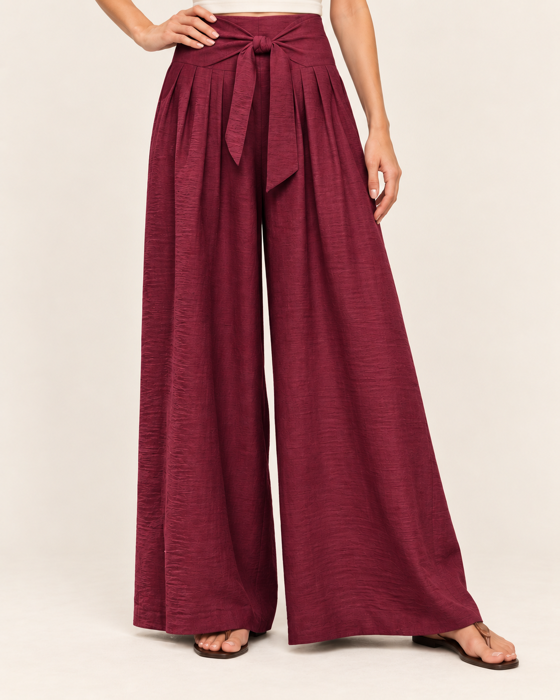 Women's High Waisted Wide Leg Trousers with Pleats and Tie Waist in Red