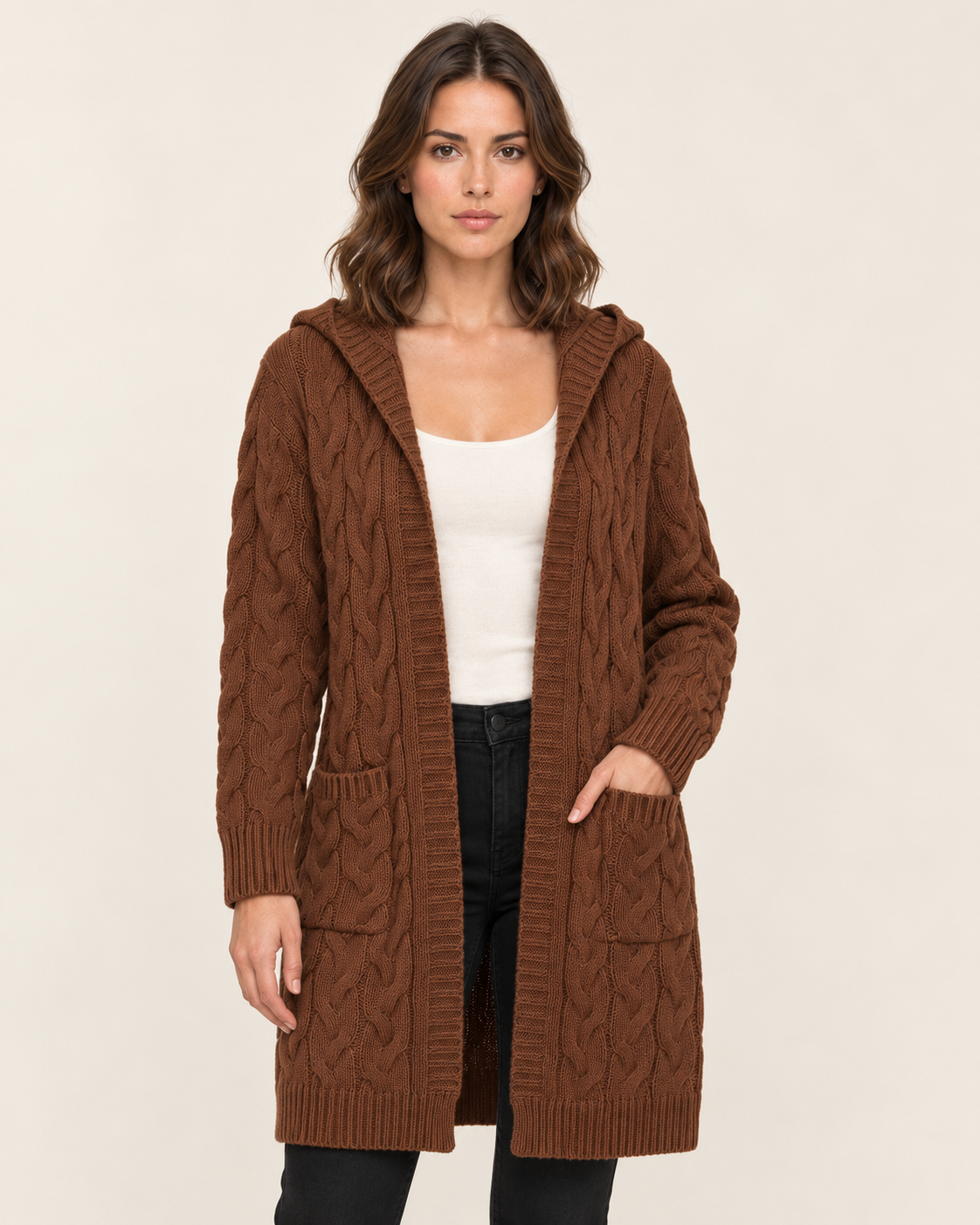Women's Coatigan with Hood in Chunky Cable Knit in Chestnut