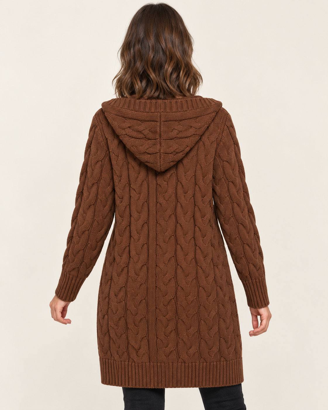 Women's Coatigan with Hood in Chunky Cable Knit in Chestnut, back view