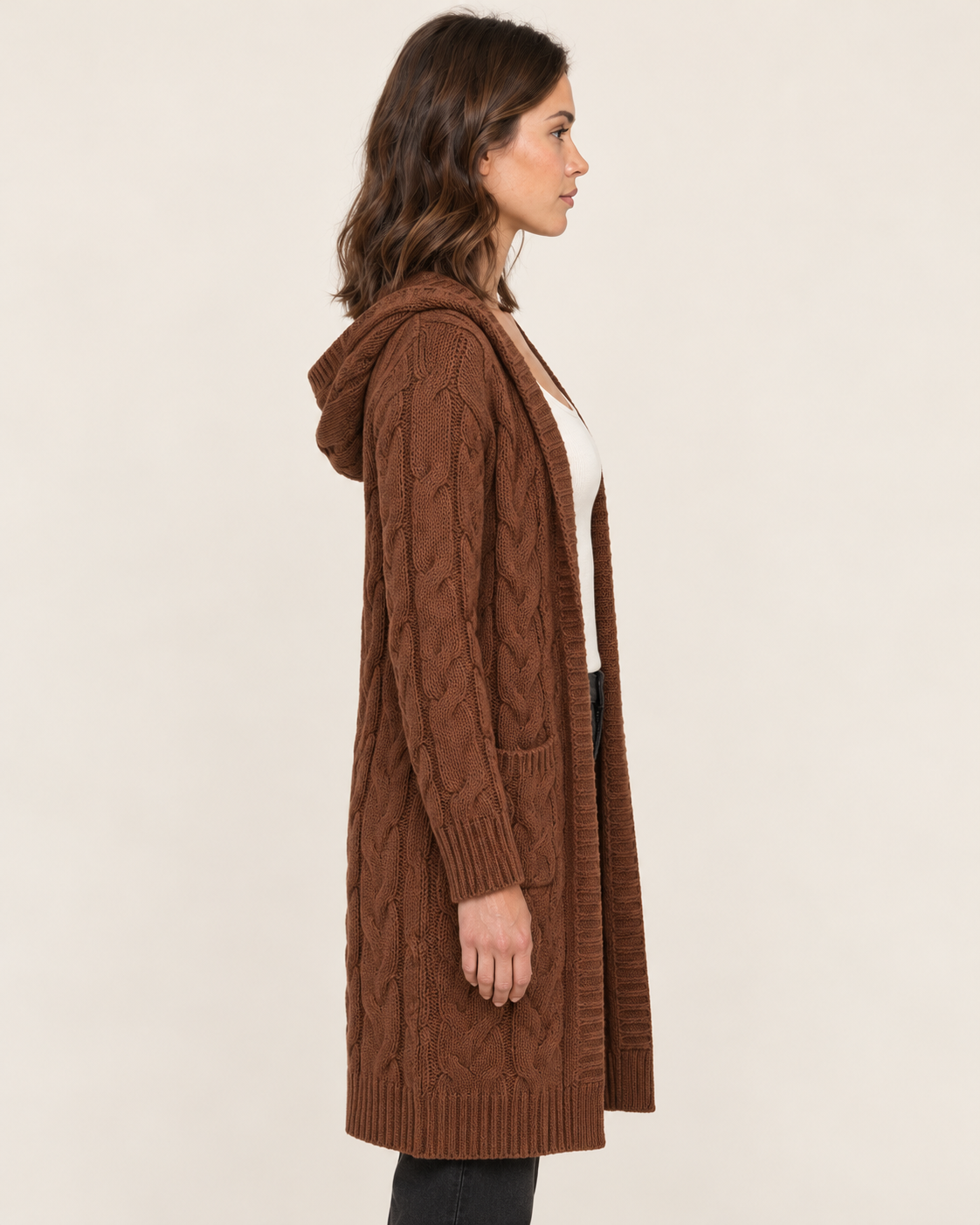 Women's Coatigan with Hood in Chunky Cable Knit in Chestnut, side view
