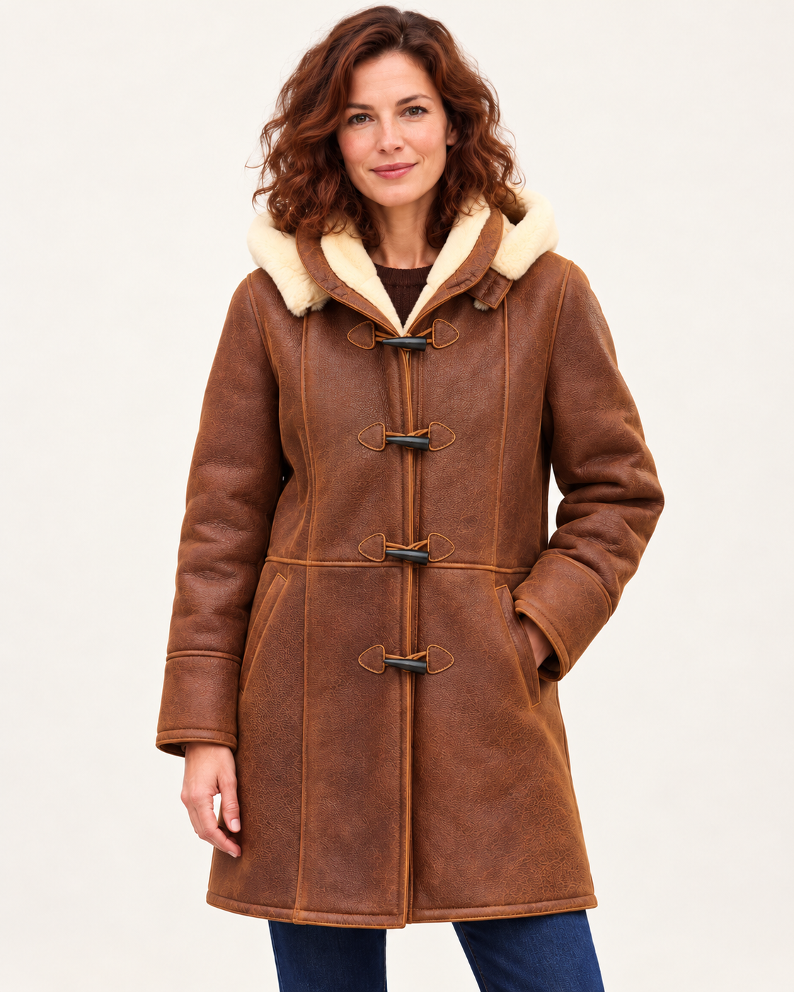 Women's Hooded Faux Shearling Duffle Coat in Brown, view 3