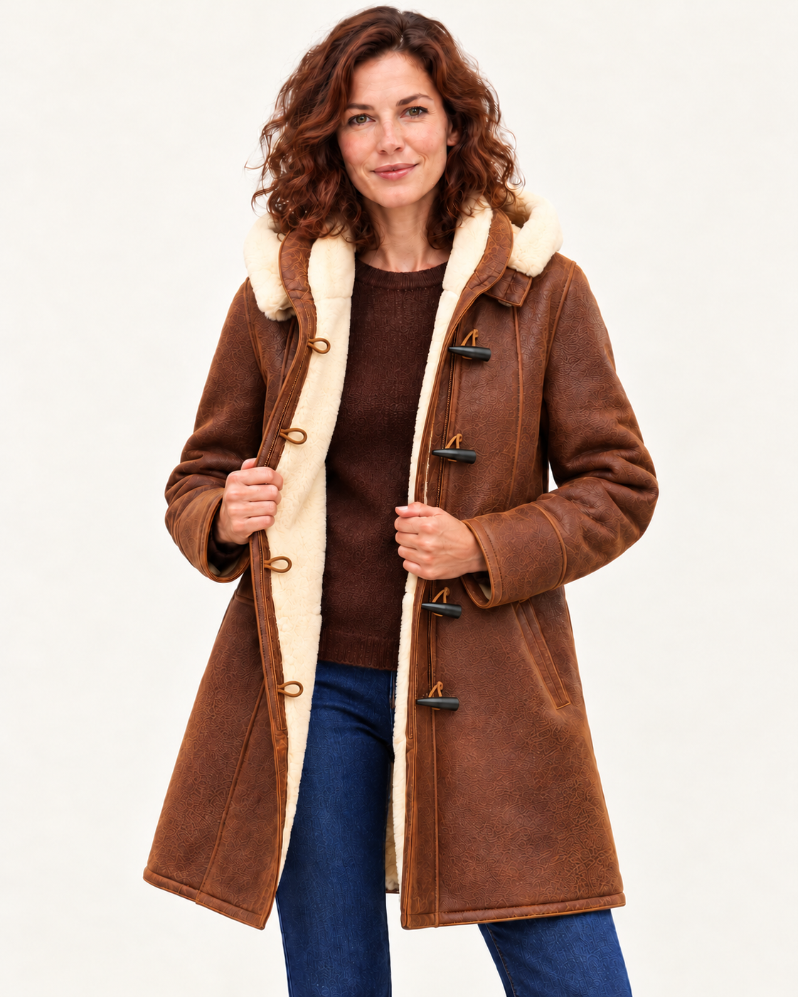 Women's Hooded Faux Shearling Duffle Coat in Brown