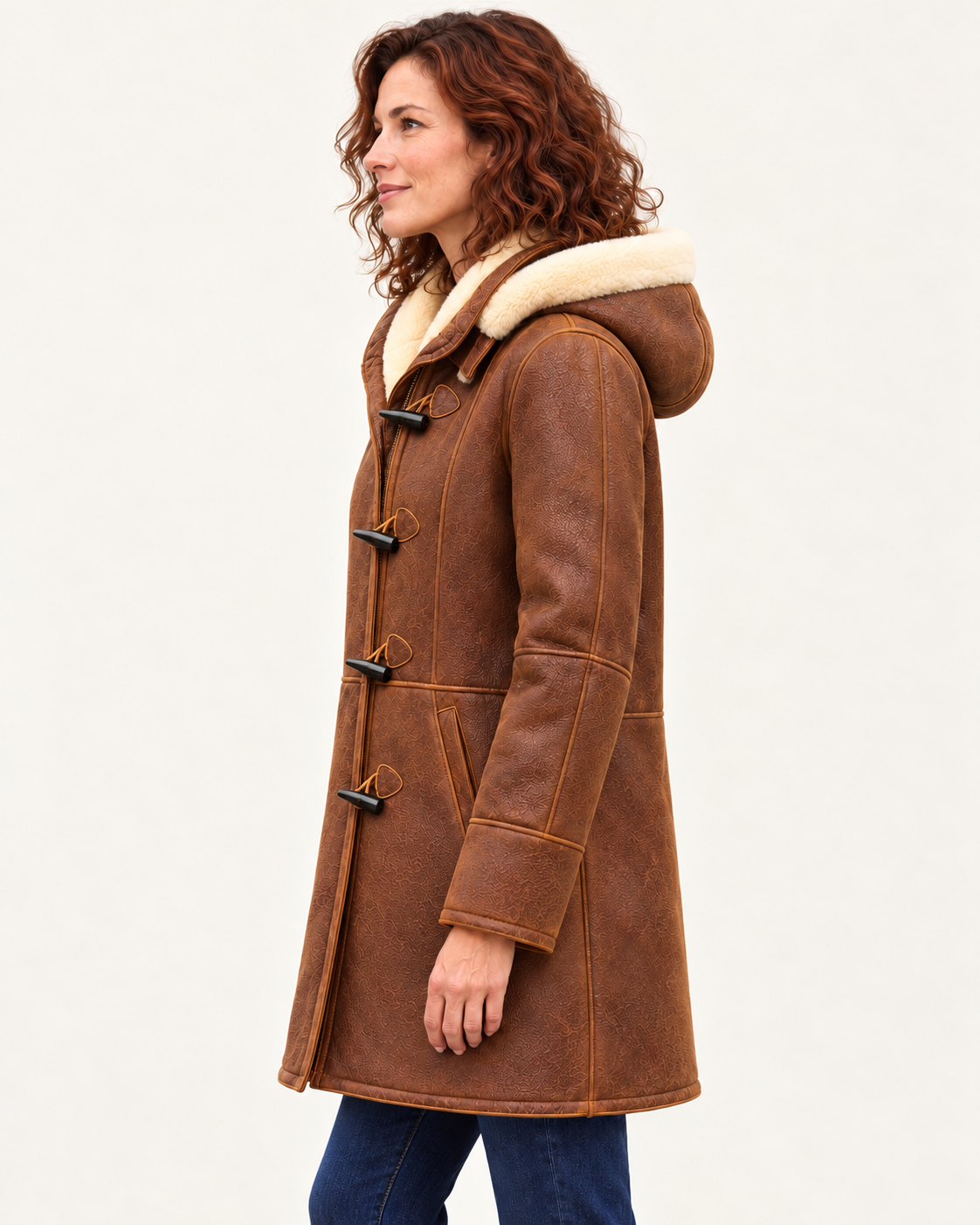 Women's Hooded Faux Shearling Duffle Coat in Brown, view 4