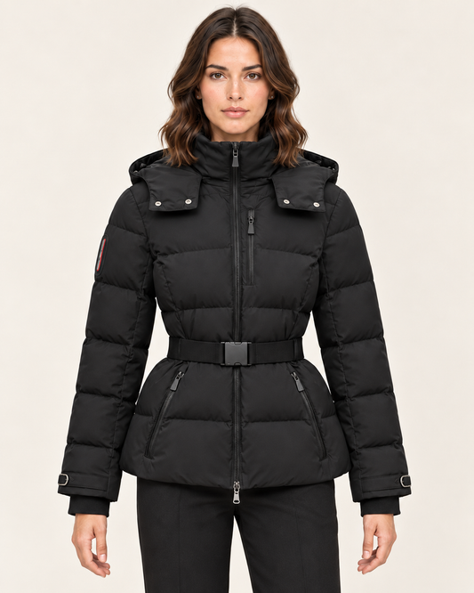 Women's Puffer Jacket with Belt and Detachable Hood in Black