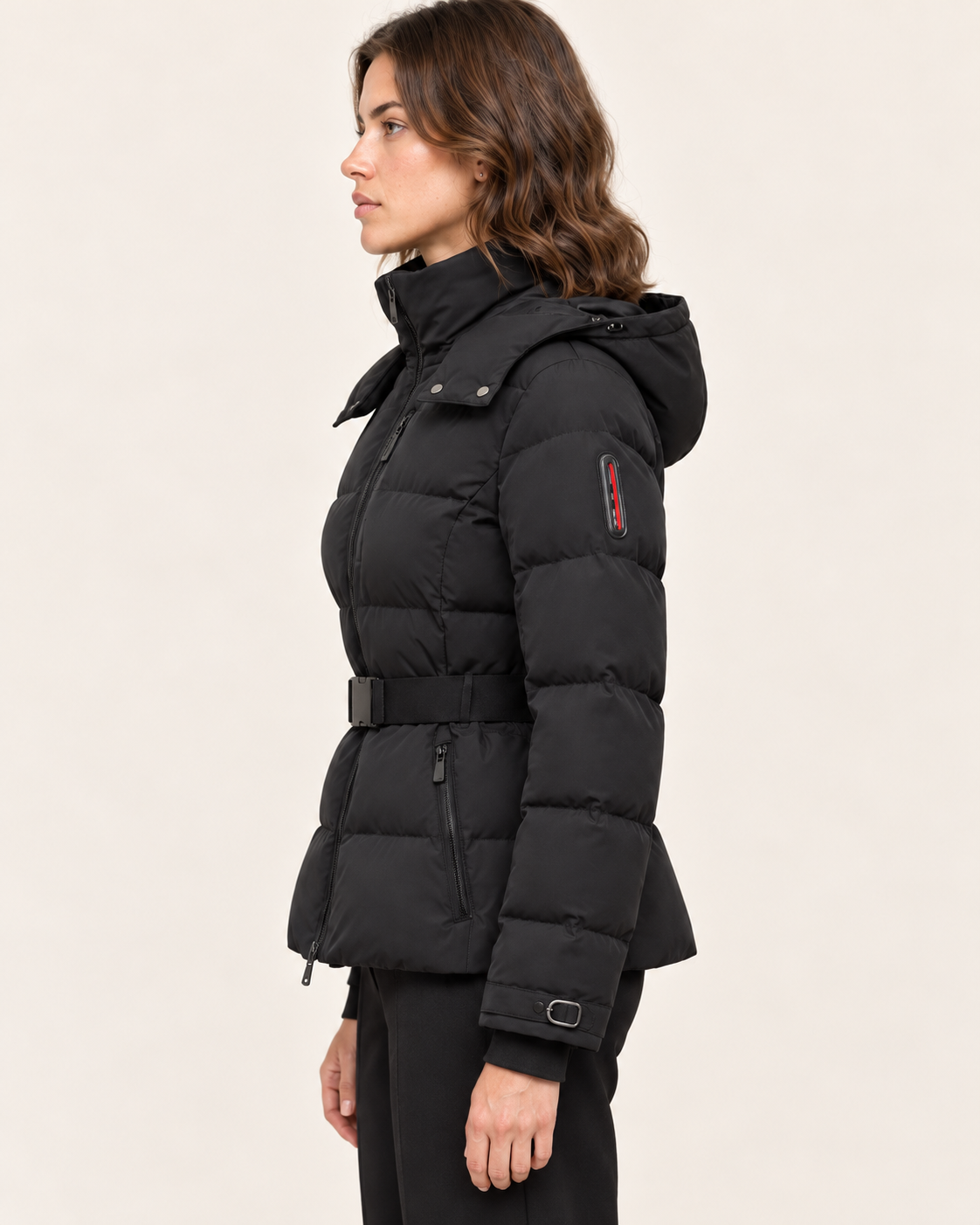 Women's Puffer Jacket with Belt and Detachable Hood in Black, side view