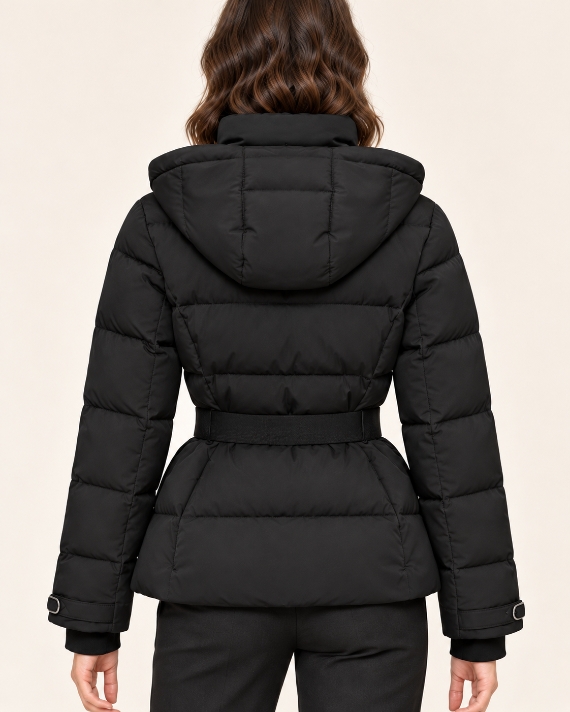 Women's Puffer Jacket with Belt and Detachable Hood in Black, back view