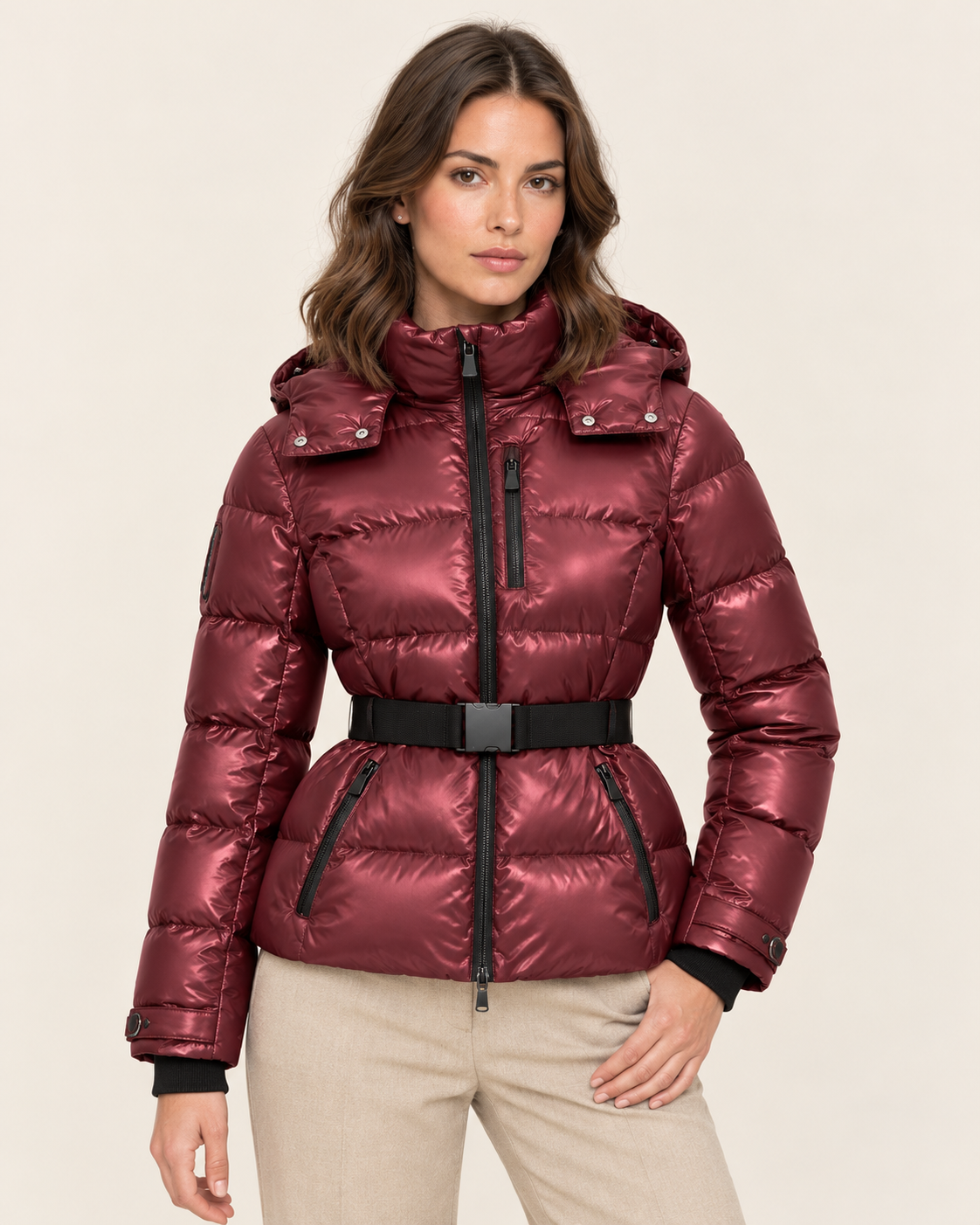 Women's Puffer Jacket with Belt and Detachable Hood in Burgundy