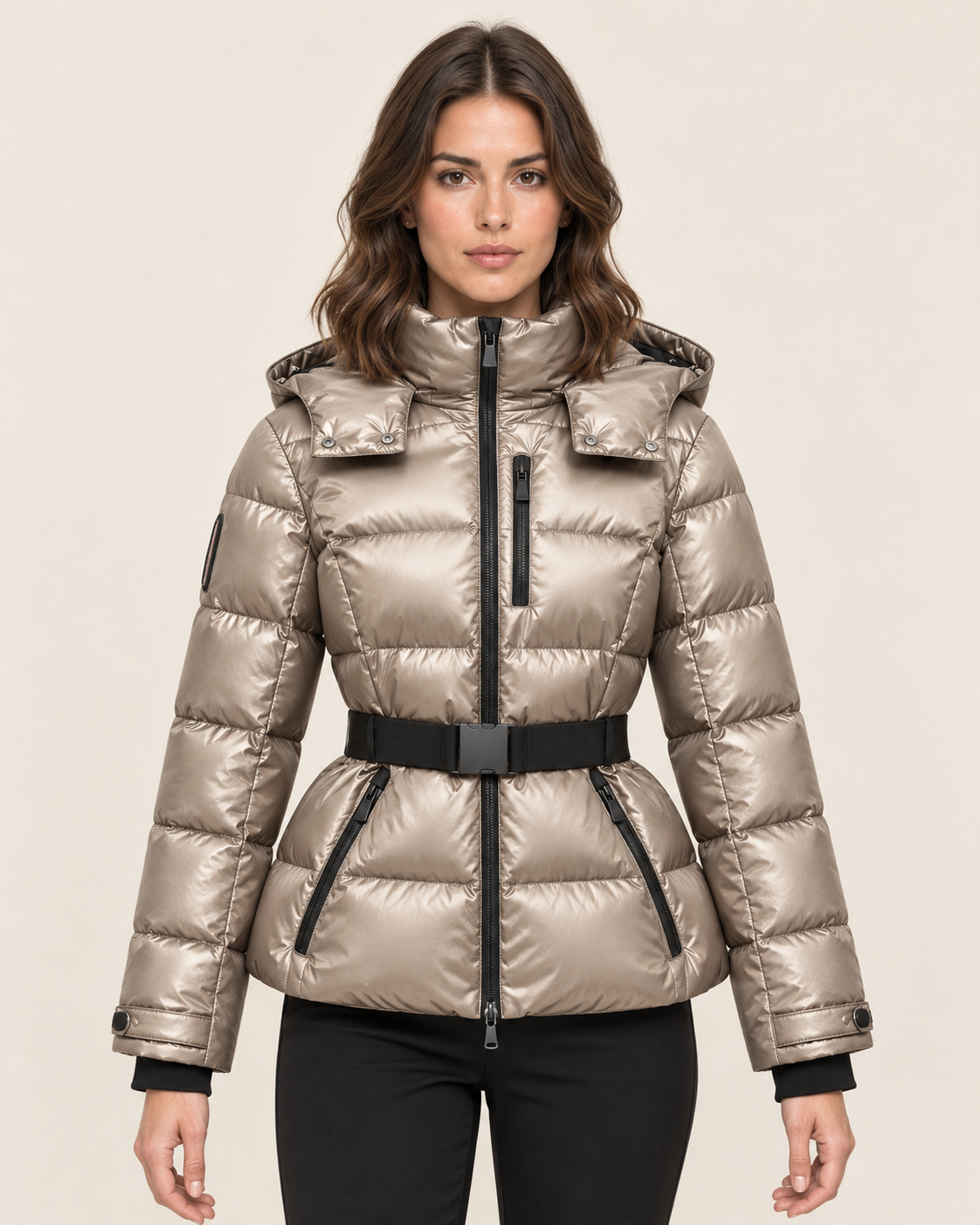 Women's Puffer Jacket with Belt and Detachable Hood in Taupe
