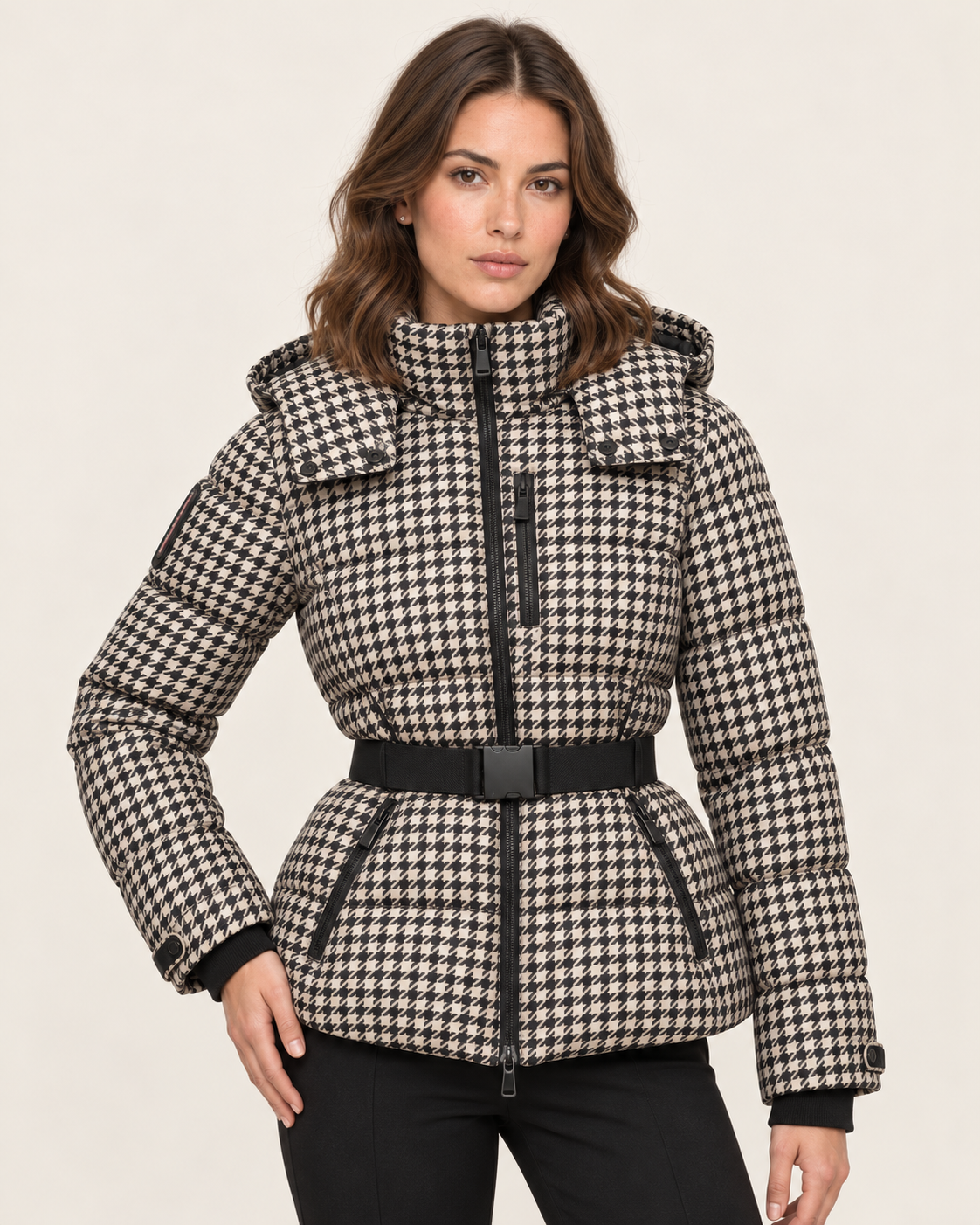 Women's Puffer Jacket with Belt and Detachable Hood in Black & Cream Print