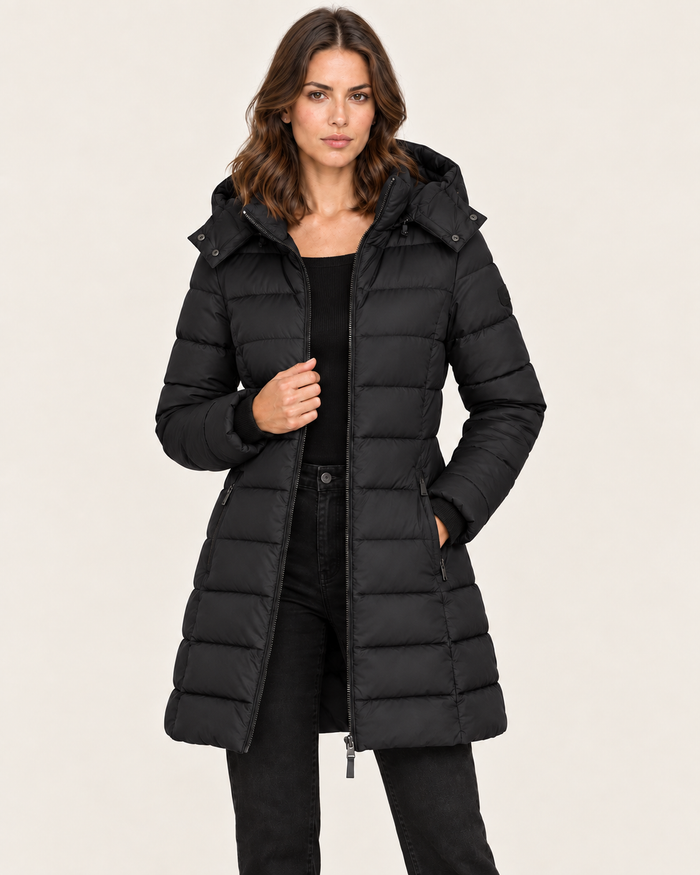 Women's Mid Length Puffer Jacket with Detachable Hood in Black