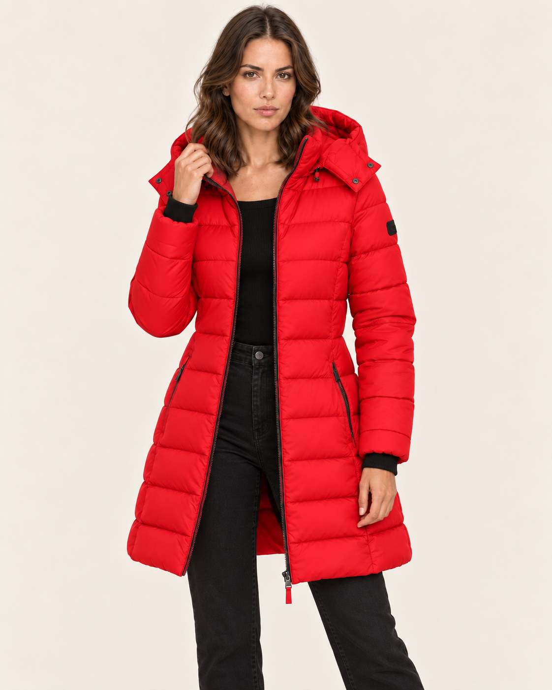 Women's Mid Length Puffer Jacket with Detachable Hood in Red