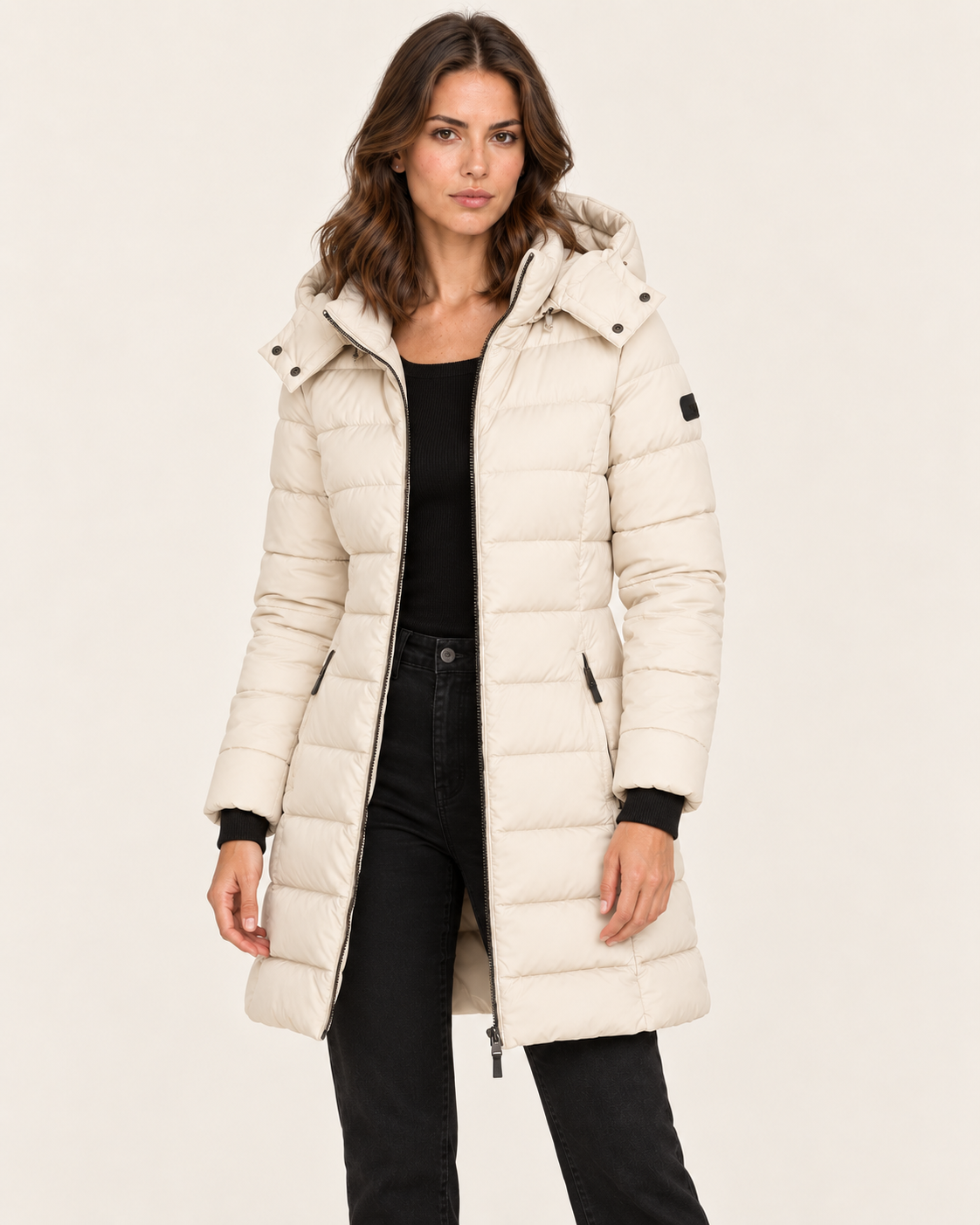 Women's Mid Length Puffer Jacket with Detachable Hood in Beige