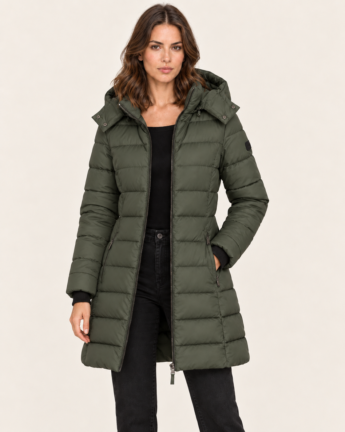 Women's Mid Length Puffer Jacket with Detachable Hood in Green