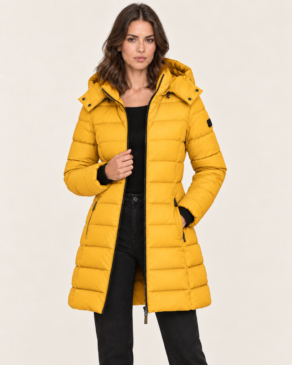 Women's Mid Length Puffer Jacket with Detachable Hood in Yellow