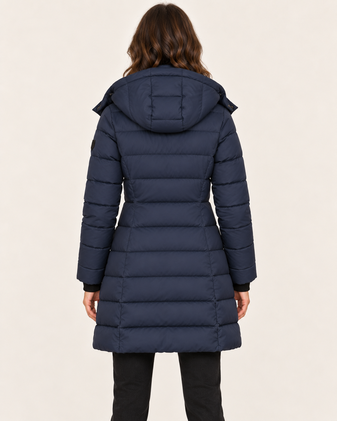 Women's Mid Length Puffer Jacket with Detachable Hood in Navy, back view