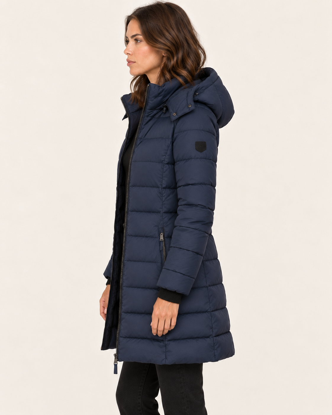Women's Mid Length Puffer Jacket with Detachable Hood in Navy, side view